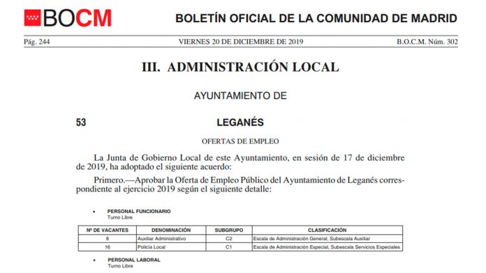 BOCM oferta empleo publico